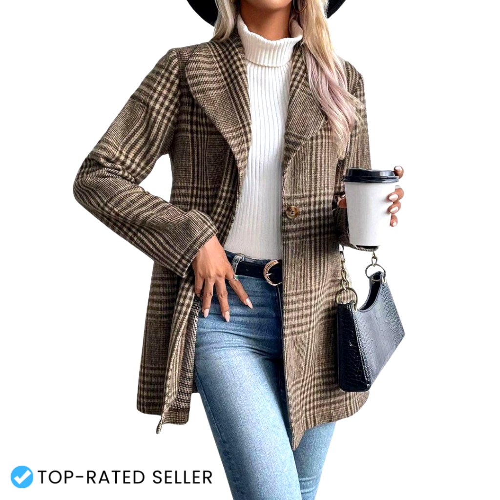Vintage Plaid Wool Pea Coat Shawl Collar Elegant Blazer Trench Coat
